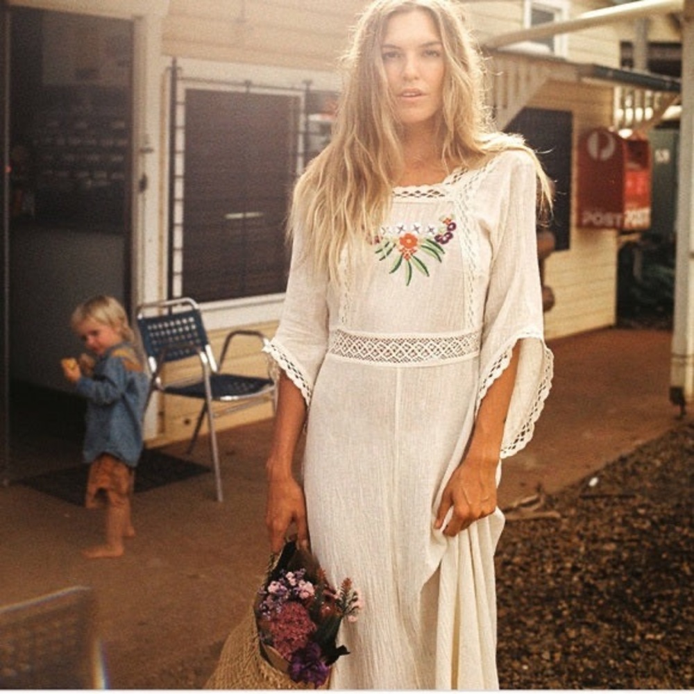 Chasing Unicorns Cream Embroidered Maxi Dress with Floral Detail